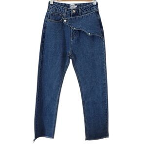 Princess Polly Reine Yolk Detail Denim Blue High Waisted Frayed Hem Jeans Size 4